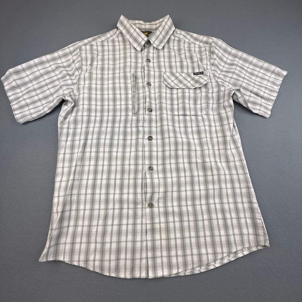 Eddie Bauer‎ Travex Shirt Mens M White Green Plaid Short Sleeve Hiking Button Up